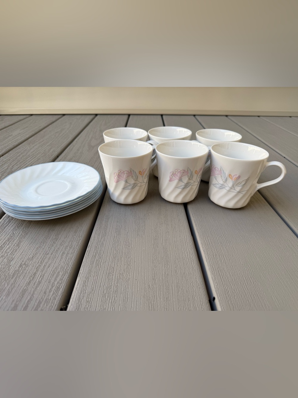 Corelle Stoneware Coffee Cup & Saucer Set 12 Pc Pink Floral Vintage